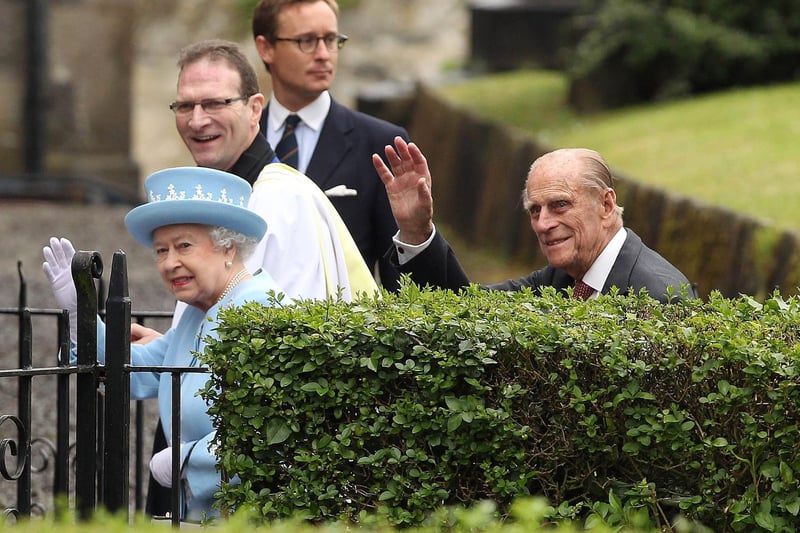 Queen Elizabeth II and the Duke of Edinburgh arrive at St. Macartin's Cathedral in Enniskillen, County Fermanagh, during a two-day visit to Northern Ireland as part of the Diamond Jubilee tour.