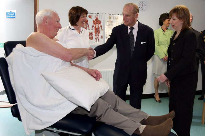 The Duke of Edinburgh meets patients and staff in the Physiotherapy unit of the Police Rehabilitation and Retraining Trust (PRRT) in Hollywood, Co. Down on the second day of the royal visit to Northern Ireland.