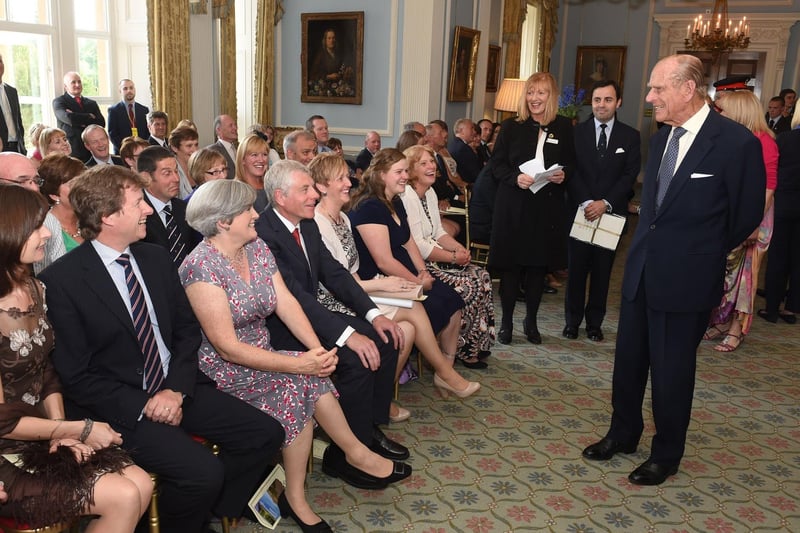 Prince Philip, The Duke of Edinburgh is seen as he presents around 75 Gold Duke of Edinburgh Awards including the 1000th in Northern Ireland at Hillsborough Castle on June 23, 2014 in Hillsborough,  (Photo by Simon Graham/Harrison Photography via Getty Images)