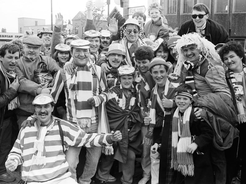 Derry City supporters jovial mood ahead of their FAI Cup tie in Cork, in 1986.