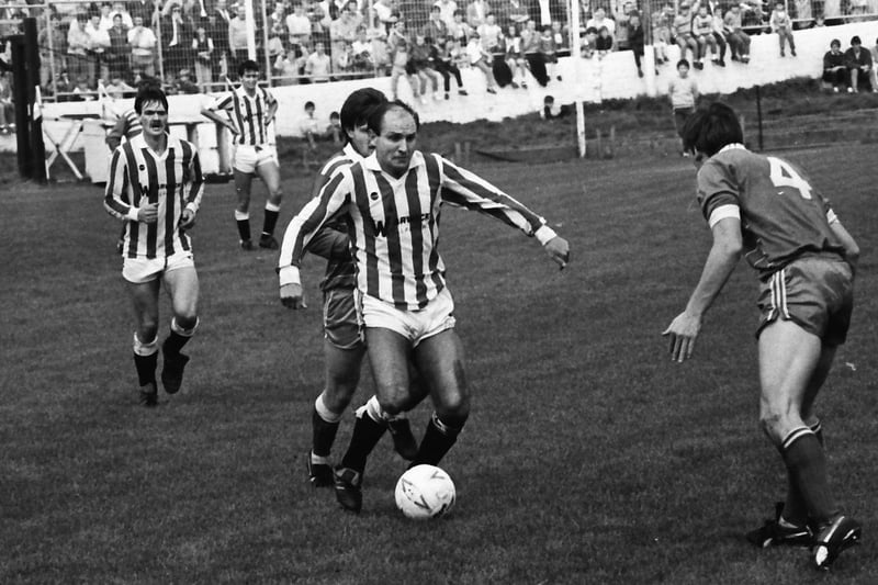 Winger Dennis Tueart in action in Derry City's first game in the League of Ireland against Home Farm, at a packed Brandywell way back in 1985.