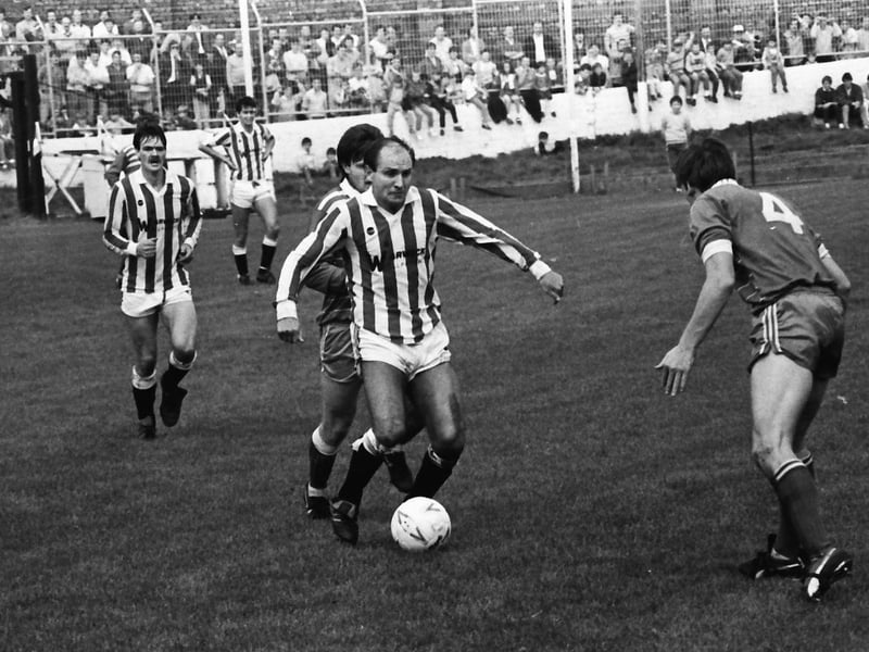 Winger Dennis Tueart in action in Derry City's first game in the League of Ireland against Home Farm, at a packed Brandywell way back in 1985.