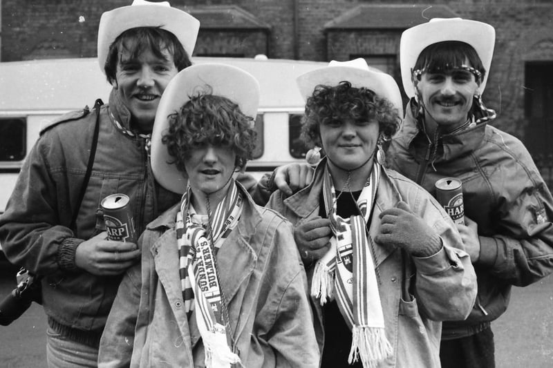 Derry City fans all smiles ahead of their Cup tie against Shelbourne in 1987.