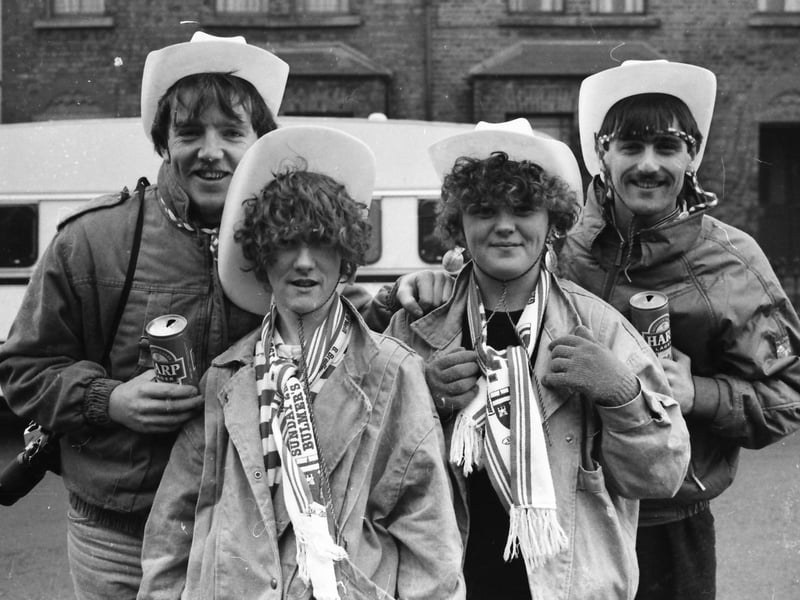 Derry City fans all smiles ahead of their Cup tie against Shelbourne in 1987.