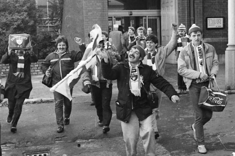 Derry City supporters in good form ahead of their FAI Cup tie in Cork, in 1986.