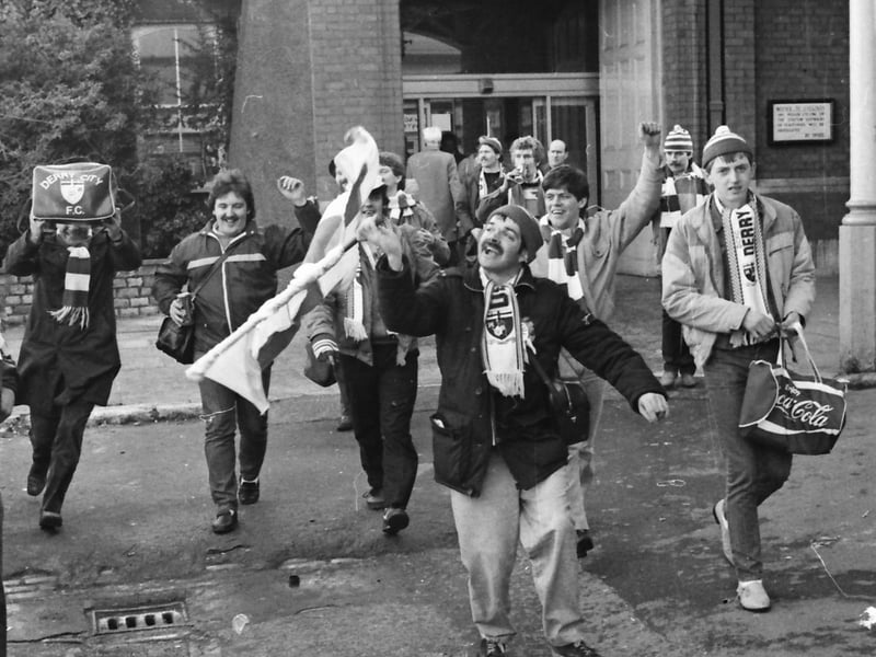 Derry City supporters in good form ahead of their FAI Cup tie in Cork, in 1986.