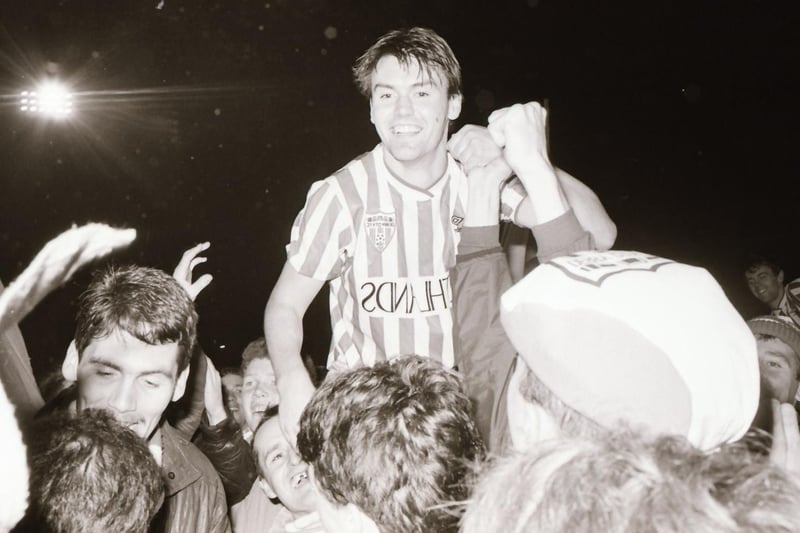 Jack Keay celebrates Derry City's League Cup Final win over Dundalk, as they won the first trophy of their memorable treble in 1989.