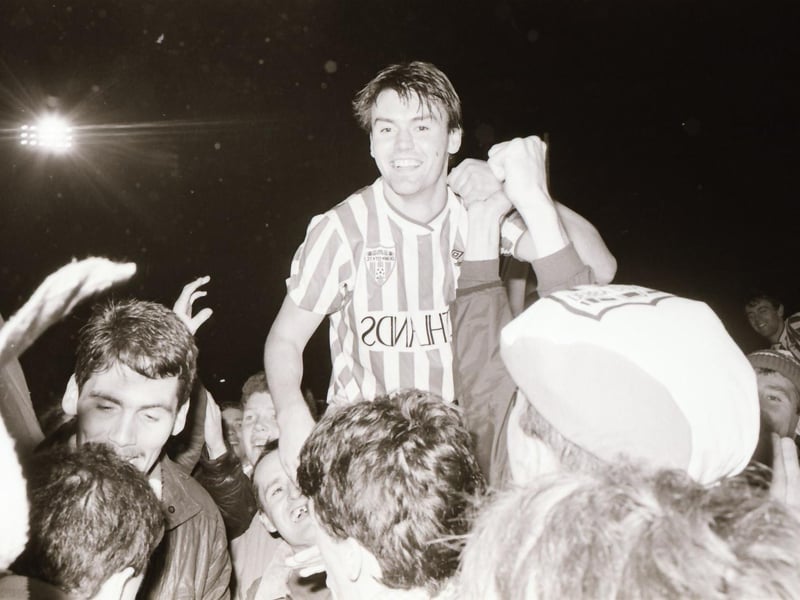 Jack Keay celebrates Derry City's League Cup Final win over Dundalk, as they won the first trophy of their memorable treble in 1989.