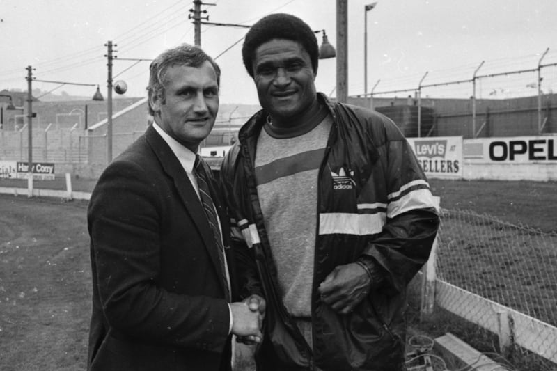 Ex-Derry City captain, Doug Wood, greets the great Eusebio, ahead of Benfica's European Cup tie, at the Brandywell.