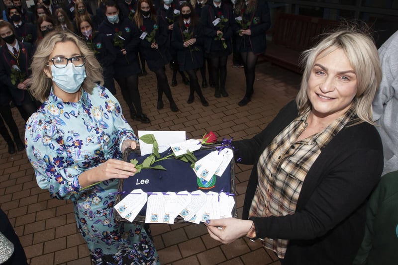 Mrs Katrina Crilly, Principal, Oakgrove Integrated College, presenting Jacqueline Gurney with Lee's Oakgrove Leavers Hoodie during Monday's event.