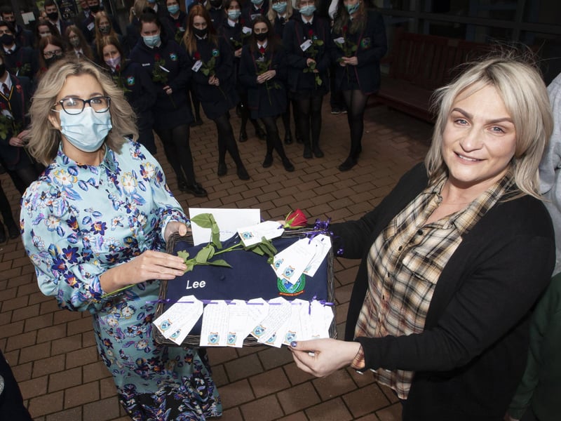 Mrs Katrina Crilly, Principal, Oakgrove Integrated College, presenting Jacqueline Gurney with Lee's Oakgrove Leavers Hoodie during Monday's event.