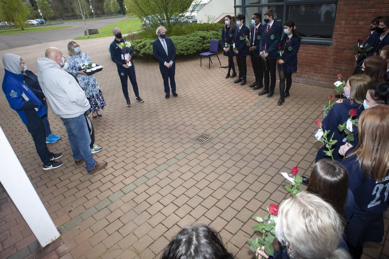 Oakgrove Vice-Principal Mr John Harkin reflecting on Lee's time at Oakgrove and the impact he had while thanking students for supporting each other and continuing to honour Lee's memory on Monday. (Photos: Jim McCafferty Photography)