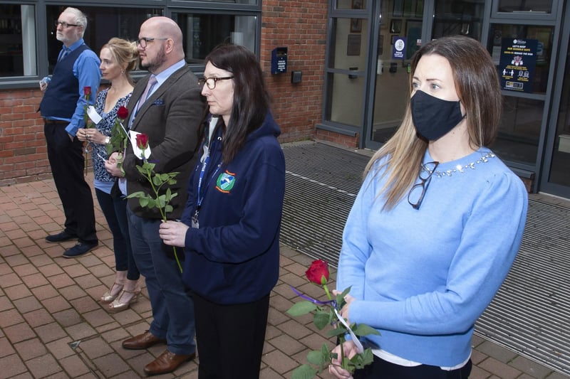 Members of the teaching staff pictured during the remembrance ceremony for student, the late Lee Gurney on Monday afternoon at Oakgrove Integrated College.