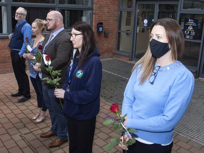 Members of the teaching staff pictured during the remembrance ceremony for student, the late Lee Gurney on Monday afternoon at Oakgrove Integrated College.