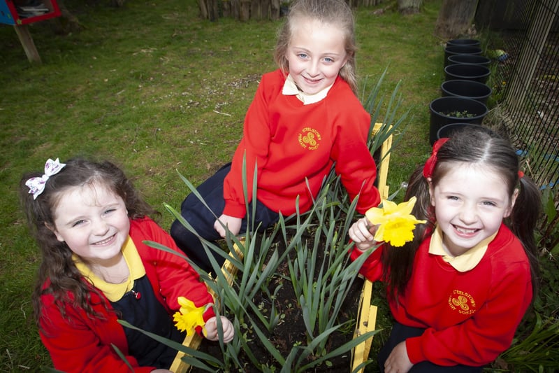 Pupils Faith Gillespie-McCloskey, Farrah Mooney and Niah Barnfield enjoying seeing our flowers bloom in our Eco Garden at Steelstown Primary School this week. (Photos: Jim McCafferty Photography)