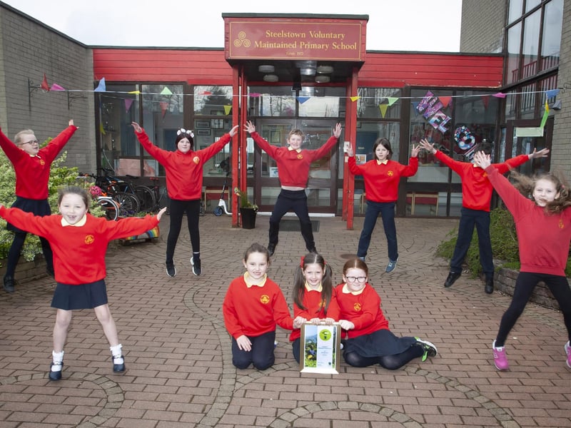 FAIR PLAY!. . . . .Some of the pupils from Steelstown PS celebrate their achievement in the FairAware School awards this week. Kneeling, front centre are Aoife Lynch, Niah Barnfield and Maya O'Doherty. Standing from left are Hannah O'Neill, Niaya McCafferty, Ava McGill, Andrew O'Doherty, Lola Foy (Eco Committee President), Braeden Rush (Eco Committee Vice President) and Elsa Kehoe. (Photos: Jim McCafferty Photography)
