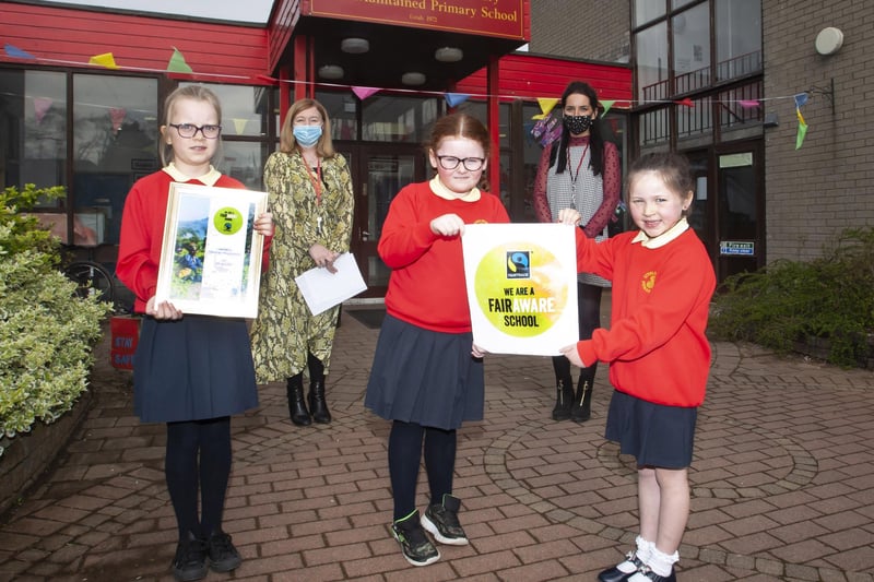 WELL DONE STEELSTOWN. . . .Mrs. Siobhan Gillen, principal and Miss Bronagh Lynch, teacher pictured with pupils Hannah Oâ€TMNeill, Maya Oâ€TMDoherty and Naiya McCafferty after the school received the FairAware School award this week.