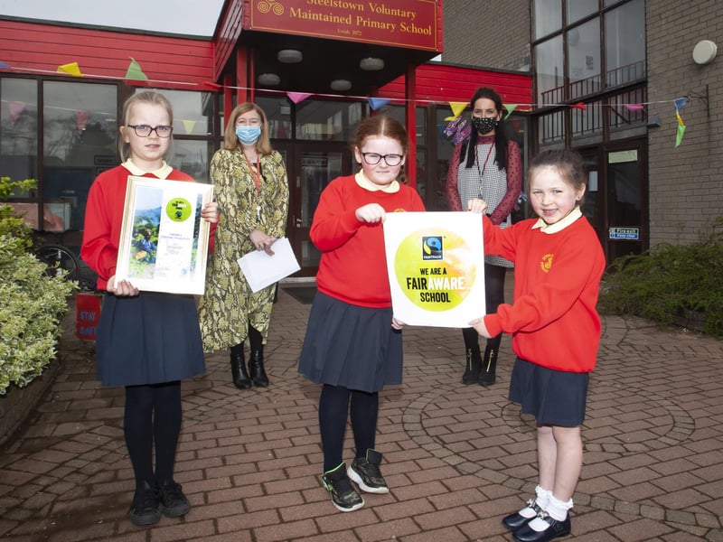 WELL DONE STEELSTOWN. . . .Mrs. Siobhan Gillen, principal and Miss Bronagh Lynch, teacher pictured with pupils Hannah Oâ€TMNeill, Maya Oâ€TMDoherty and Naiya McCafferty after the school received the FairAware School award this week.
