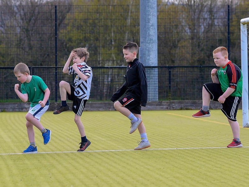 Doire Trasna nursery footballers exercising a little out of sync during a training session at the Foyle Arena recently. Photo: George Sweeney. DER2115GS – 065