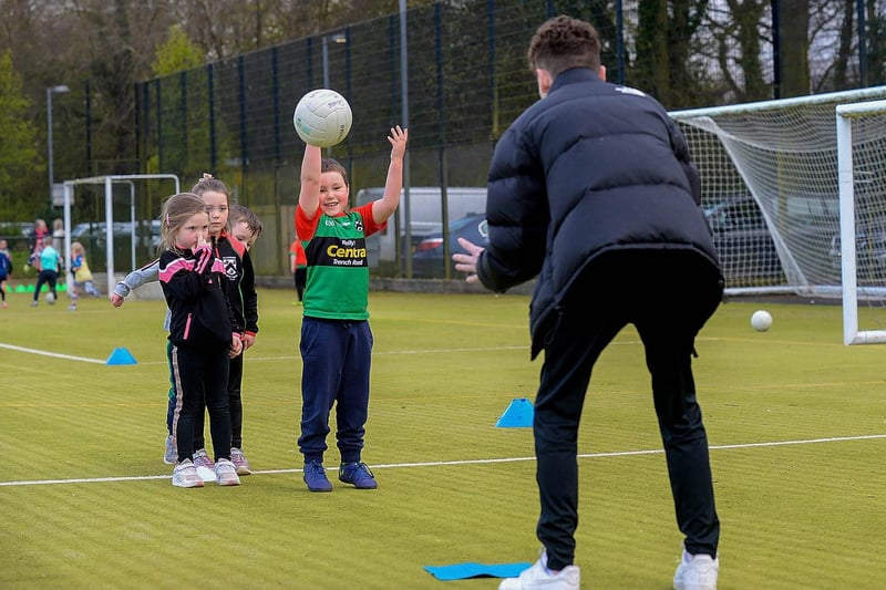 Doire Trasna nursery footballer Michael Vincent Lyons gets some passing practice during training recently at the Foyle Arena. DER2115GS – 071