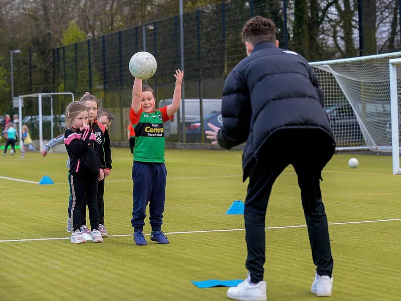 Doire Trasna nursery footballer Michael Vincent Lyons gets some passing practice during training recently at the Foyle Arena. DER2115GS – 071