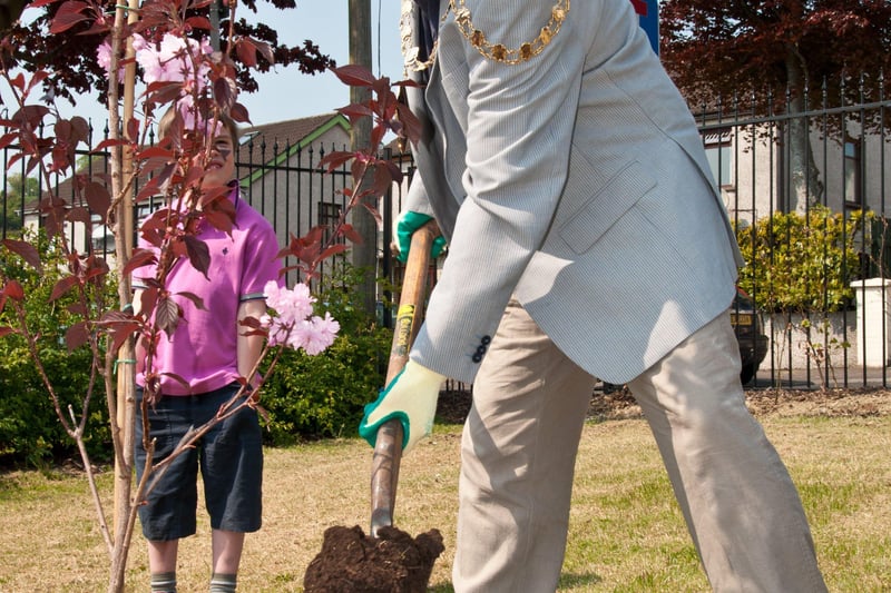 Mayor of Larne in April 2011, Andy Wilson, plants a cherry blossom tree in Dixon Park to commemorate the Royal wedding.  INLT 18-751-BM