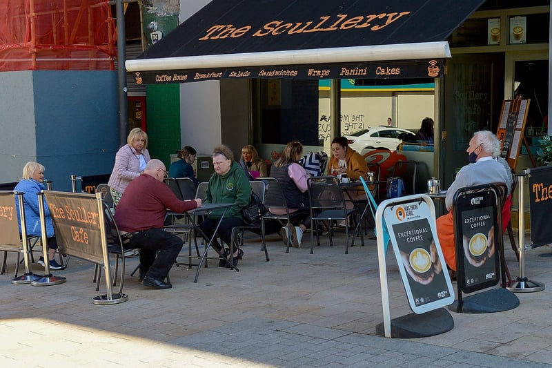Cafes and pubs with outdoor service reopened on Friday last. Photo: George Sweeney / Derry Journal.  DER2117GS - 048