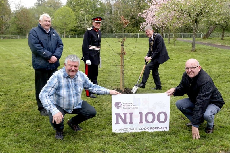 The Mayor of Causeway Coast and Glens Borough Council Alderman Mark Fielding plants a native oak tree at Riverside Park in Ballymoney along with the Lord-Lieutenant for County Antrim Mr David McCorkell, Councillor Alan McLean, Councillor Ivor Wallace and Alderman John Finlay