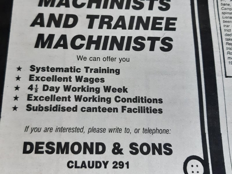 Factories still provided many jobs. Note also the old style Claudy phone number