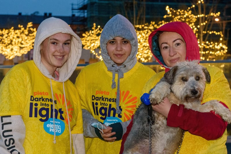 One Sunrise Together, Amy McShane, Chloe Gallacher, Annemarie Gallacher and Freeway, pictured in Derry during the Pieta Darkness Into Light 2021 sunrise walk supported by Electric Ireland as they remember Gary Campbell. Thousands of people across Ireland joined together, while apart, under one sunrise on Saturday morning to offer hope to those impacted by suicide and to raise vital funds to ensure Pieta and its partner Northern Ireland charities can continue to provide their life-saving services.