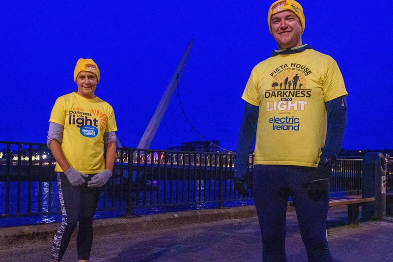 ONe Sunrise Together, Lorraine Carlin and Cormac Campbell pictured in Derry during the Pieta Darkness Into Light 2021 sunrise walk supported by Electric Ireland. Thousands of people across Ireland joined together, while apart, under one sunrise on Saturday morning to offer hope to those impacted by suicide and to raise vital funds to ensure Pieta and its partner Northern Ireland charities can continue to provide their life-saving services.
