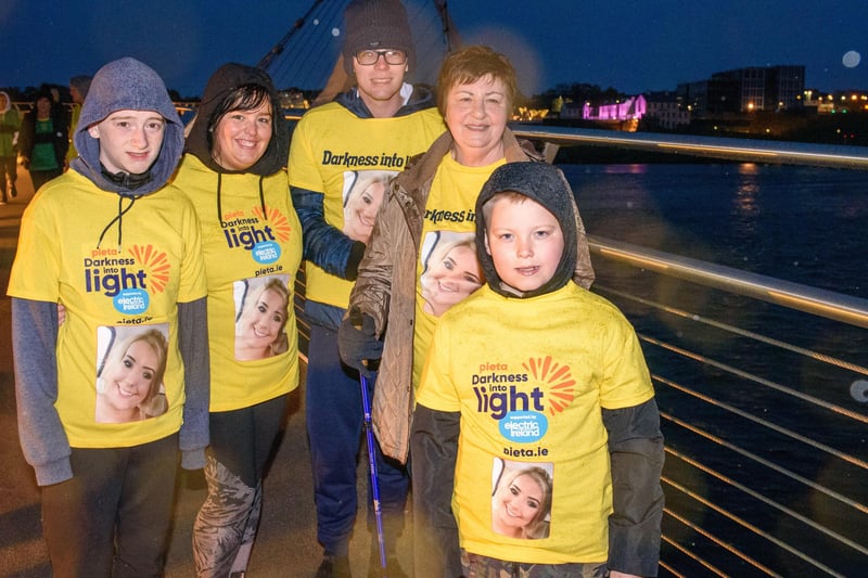 One Sunrise Together, Reece, Leeanne, Gerard , Bridget and  Dylan pictured in Derry during the Pieta Darkness Into Light 2021 sunrise walk supported by Electric Ireland as they raised funds in memory of Simone. Thousands of people across Ireland joined together, while apart, under one sunrise on Saturday morning to offer hope to those impacted by suicide and to raise vital funds to ensure Pieta and its partner Northern Ireland charities can continue to provide their life-saving services.