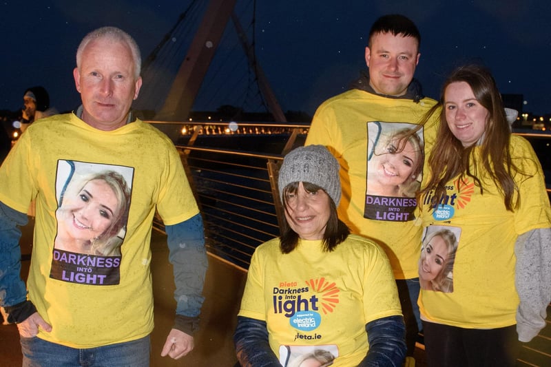 One Sunrise Togther, Robert, Sandra , Gavin and Chantelle pictured in Derry during the Pieta Darkness Into Light 2021 sunrise walk supported by Electric Ireland in memory of Simone. Thousands of people across Ireland joined together, while apart, under one sunrise on Saturday morning to offer hope to those impacted by suicide and to raise vital funds to ensure Pieta and its partner Northern Ireland charities can continue to provide their life-saving services.