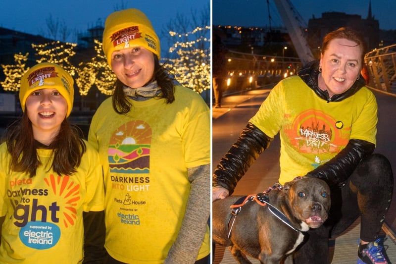 LEFT:  Edelle O'Donnell and her daughter Saorla 10, pictured in Derry during the Pieta Darkness Into Light 2021 sunrise walk supported by Electric Ireland, as they remember Edelle's nephew Ryan McAleer and aunt Josie McMenamin. 
RIGHT: Louise Rooney with Nala pictured in Derry during the Pieta Darkness Into Light 2021 sunrise walk.