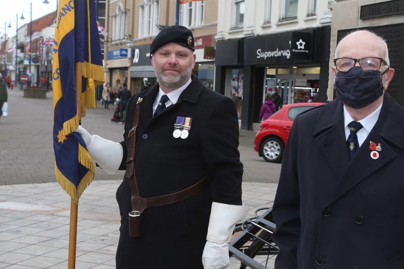 Thomas Stirling and Keith Chare from coleraine RBL in Coleraine on Saturday at the war memorial to mark VE day. Picture kevin McAuley/McAuley Multimedia