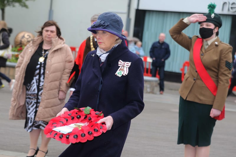 Alison Millar Lord Lt Co Londonderry lays a wreath in Coleraine on Saturday at the war memorial to mark VE day. Picture kevin McAuley/McAuley Multimedia