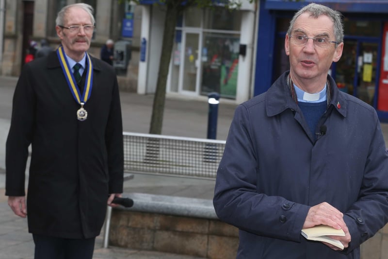 Rev Donnard Collins and Bill Mills BEM who conducted the service in Coleraine on Saturday at the war memorial to mark VE day. Picture kevin McAuley/McAuley Multimedia