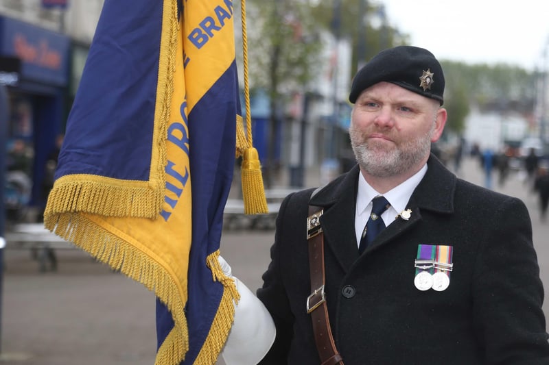 Thomas Stirling Standard Bearer pictured on Saturday at the war memorial to mark VE day. Picture kevin McAuley/McAuley Multimedia