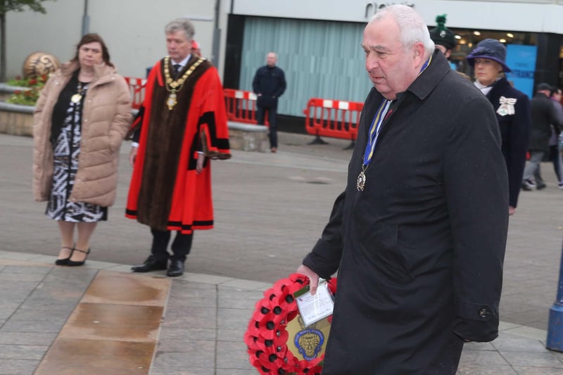 Ronnie Glabraith lays a wreath in Coleraine on Saturday at the war memorial to mark VE day. Pictur kevin McAuley/McAuley Multimedia