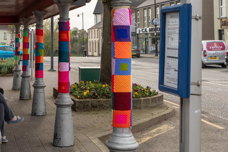 A brightly coloured bus stop on Catherine Street.