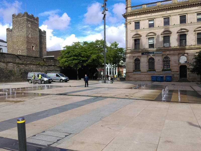 Guildhall Square and the Tower Museum telling and showing the history of the city and region - a top rated attraction.
