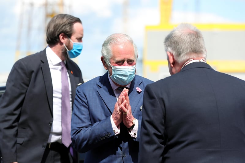 His Royal Highness The Prince of Wales is pictured during his visit to Harland & Wolff, Queen's Island, Belfast