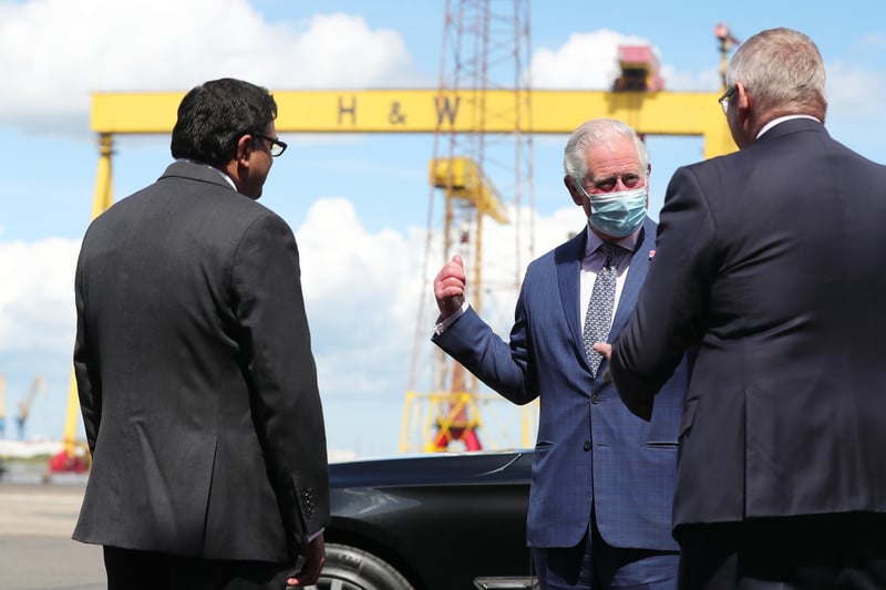 His Royal Highness The Prince of Wales is pictured during his visit to Harland & Wolff, Queen's Island, Belfast.

 ye.