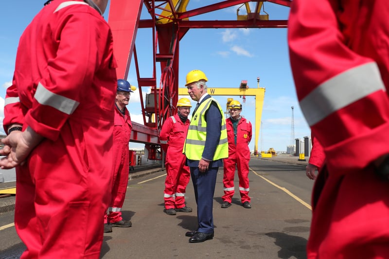 His Royal Highness The Prince of Wales is pictured during his visit to Harland & Wolff, Queenâ€TMs Island, Belfast