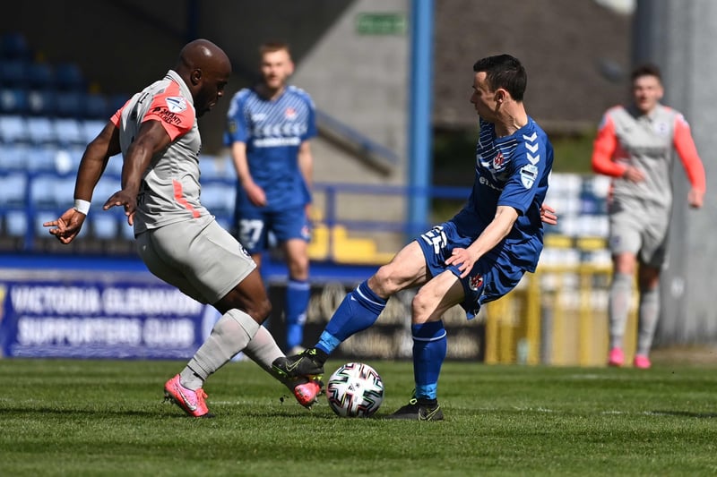Crusaders' Paul Heatley  and  Larne's Fuad Sule during the Peaky Blinder Irish Cup semi-final. Picture: Colm Lenaghan/Pacemaker