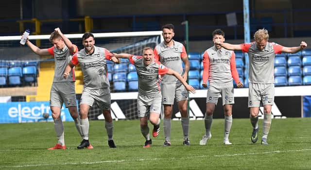 We're in the final!  Larne players celebrate after their victory in the Sadler's Peaky Blinder Irish Cup semi-final against Crusaders at Mourneview Park in Lurgan. Picture: Colm Lenaghan/Pacemaker