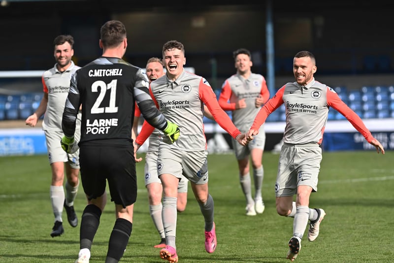 Larne celebrate after the winning the penalty shoot-out during the Irish Cup semi-final against Crusaders. Picture: Colm Lenaghan/Pacemaker