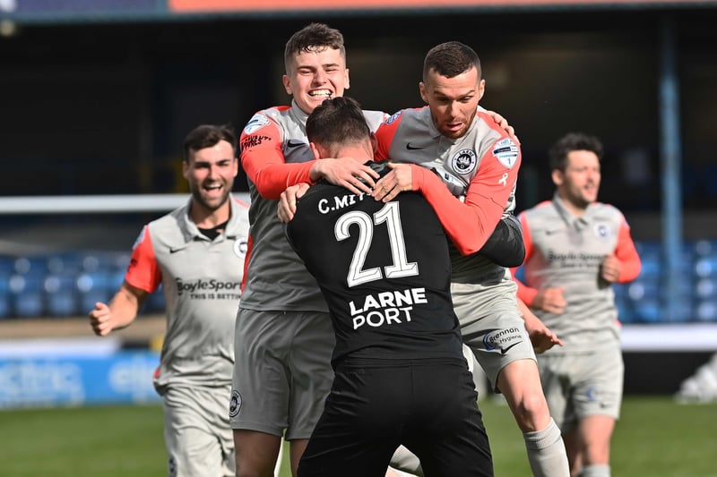 Larne celebrate their victory at Mourneview Park. Picture: Colm Lenaghan/Pacemaker