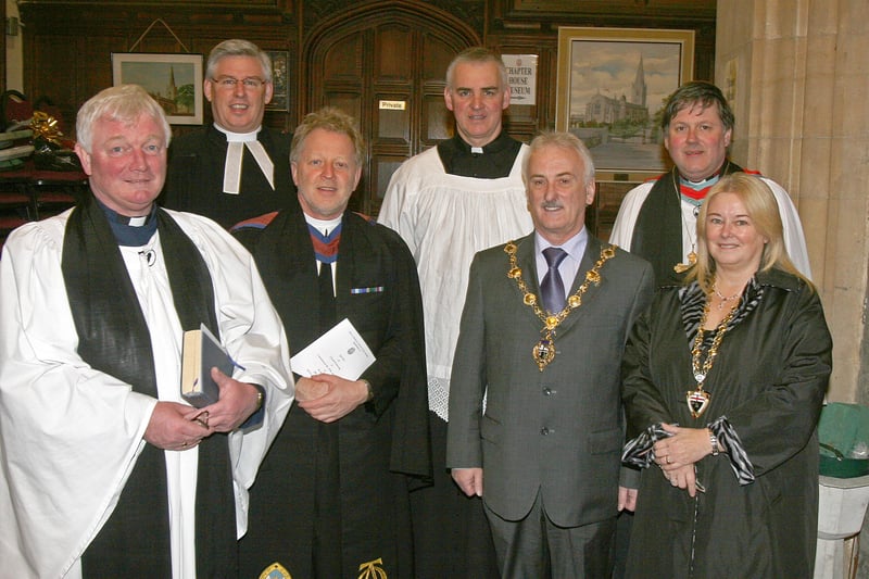 The Mayor of Londonderry Alderman Drew Thompson and the Mayoress Linda Watson, joining local clergy for the service of Choral Evensong in St. Columb's Cathedral, to Commemorate the 200th Anniversary of the death of John Newton (priest and hymnwriter) and the abolition of slavery.  From left are Canon John Merrick, Rev. Sam Guff, Rev. David Latimer, Rev. Fr. Michael Canny and the Very Rev. Dr. William Morton, Dean of Derry. LS51-520MT.