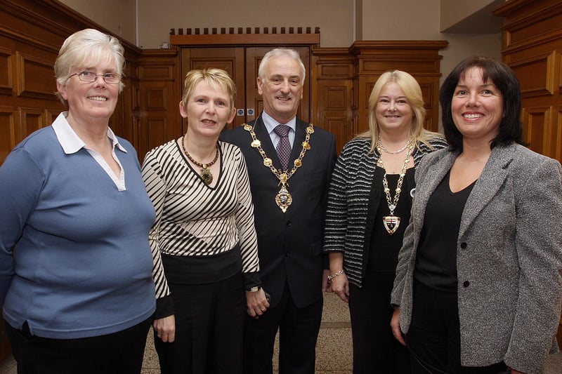 The Mayor of Londonderry Alderman Drew Thompson and Deputy Mayor Linda  Watson, hosting a reception in The Guildhall for the RNIB, to promote their DVD for the visually impaired. Right is Ann-Marie Houston, local representative with the RNIB, and members of Creevagh and Caw/Nelson Drive womens groups Rose White and Marie Coyle, who are assisting in promoting the DVD.  LS49-511MT.